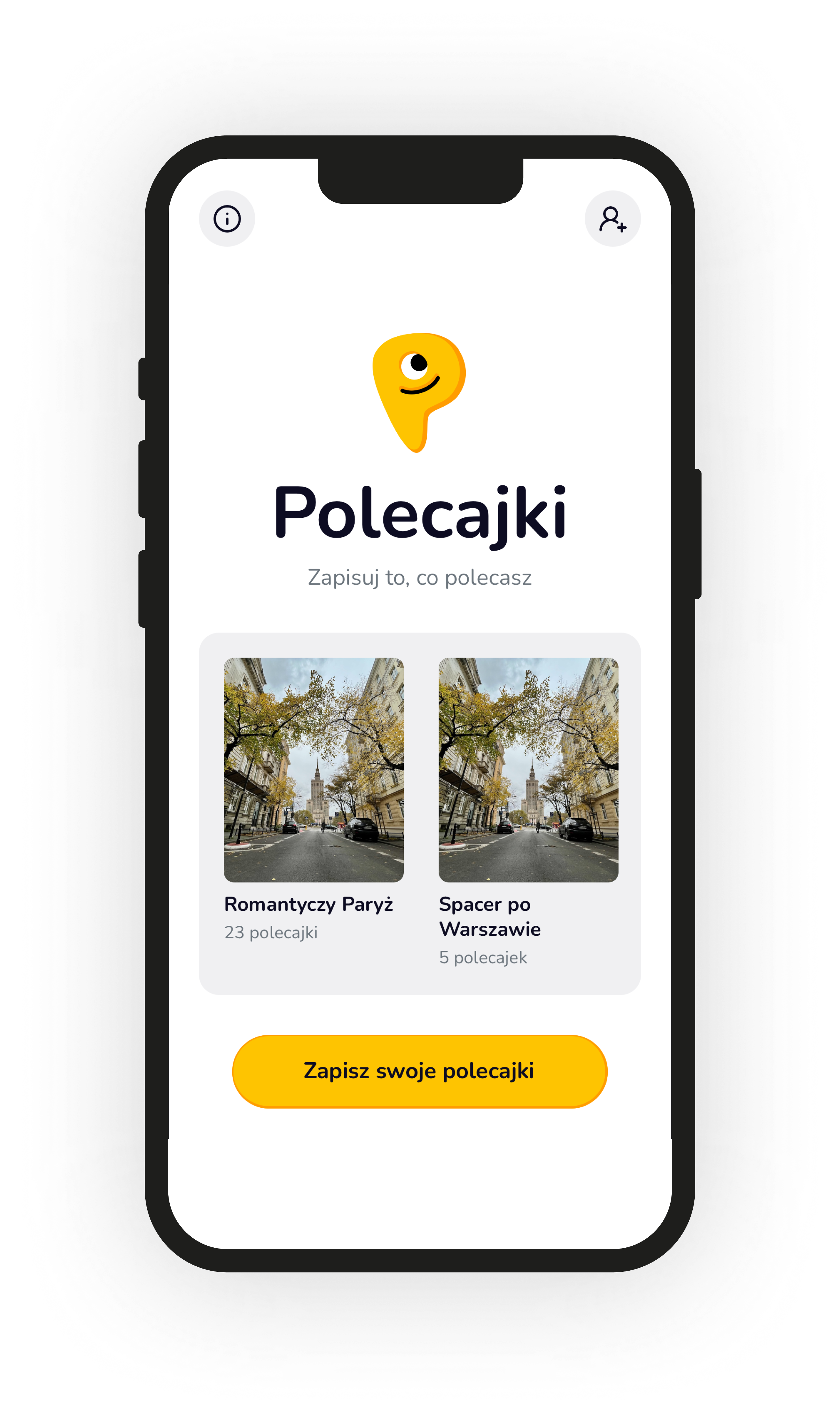 Podgląd aplikacji Polecajki z zapisanymi inspiracjami